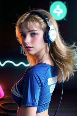 vibrant energy, a young beautiful girl,solo,seductive look, looking at viewer, photo realistic,detailed realistic eyes,  long blonde hair flowing, holding headphones, litening to brainwave technology displayed as soundwaves, blury neon light bokeh background, frequency soundwave displaying gradiently from earphones, cleacage cut tshirt,cryptids