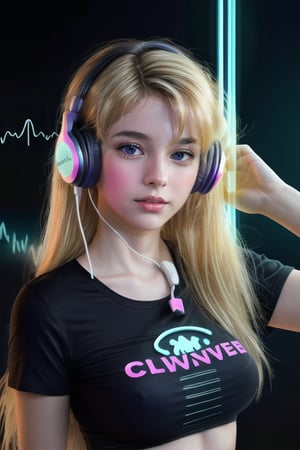 vibrant energy, a young beautiful girl,solo,seductive look, looking at viewer, photo realistic,detailed realistic eyes,  long blonde hair flowing, holding headphones, litening to brainwave technology displayed as soundwaves, plain neon light bokeh background, frequency soundwave displaying gradiently from earphones, cleacage cut tshirt,cryptids