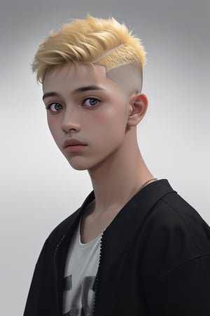 a 11 yo boy, blonde, (hi-top fade:1.3), dark theme, soothing tones, muted colors, high contrast, (natural skin texture, hyperrealism, soft light, sharp)