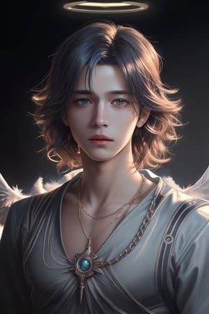 High quality, masterpiece, masterpiece, exquisite facial features, exquisite hair, exquisite eyes, exquisite colored hair, 4K quality, gorgeous light and shadow, Tyndall effect, halo, messy hair, young state, gorgeous scenes, fine clothes, chains, feathers,boy