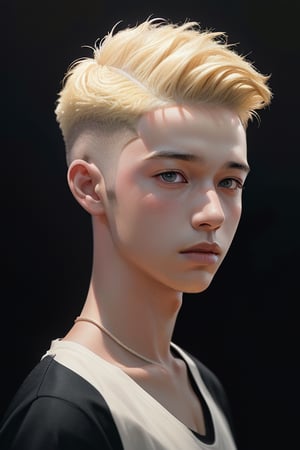 a 14 yo boy, blonde, (hi-top fade:1.3), dark theme, soothing tones, muted colors, high contrast, (natural skin texture, hyperrealism, soft light, sharp)