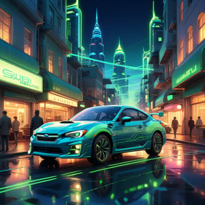 (high quality), (masterpiece), (detailed), futuristic cityscape at twilight, vintage automobiles and classic architecture, stylized digital illustration of the Subaru car in the foreground with blue and green neon tracing lines