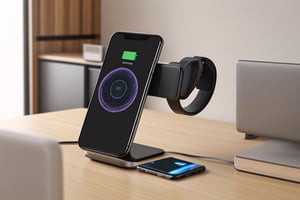 photorealistic of Wireless Charger put on computer desk at study room.,<lora:659111690174031528:1.0>