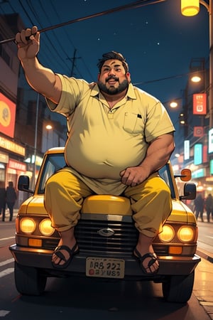 fat man riding inside india taxi and to celebrate, Happy diwali festival of night