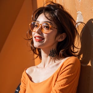 orange theme, dynamic, woman, portrait, (smile, laugh, open mouth:1.1), (upper body, bust shot, looking away:1.1), orange hair, hair over one eye, orange lipstick, orange sunglasses, orange suit, orange pants, orange wall, orange background embedding:DV_Manuela_Vicious , ,
