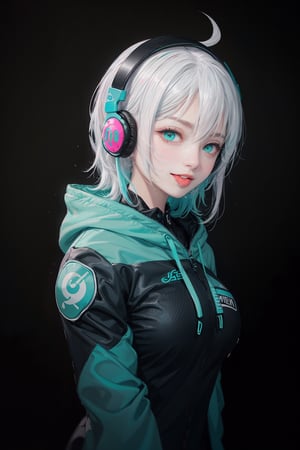 --[[ :p ]]-- (black background) (upper body) (pov from the side) (kawaii) (cute art style) (cyan hood over head) (black gaming headphones) white hair, angry cyan eyes, cute happy smile, tongue sticking out, cyan hoodie, look at viewer, visible breasts, bare breasts, boobs, wetpussy, masturbation,