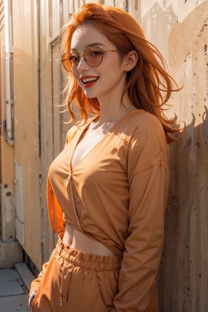 orange theme, dynamic, loli, portrait, (smile, laugh, open mouth:1.1), (upper body, bust shot, looking away:1.1), orange hair, hair over one eye, orange lipstick, orange sunglasses, orange suit, orange pants, orange wall, orange background embedding:DV_Manuela_Vicious , 
,photorealistic,Masterpiece