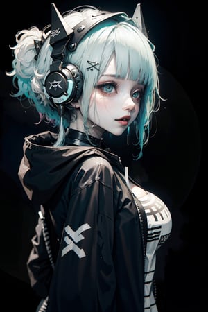 --[[ :p ]]-- (black background) (upper body) (pov from the side) (kawaii) (cute art style) (cyan hood over head) (black gaming headphones) white hair, angry cyan eyes, cute happy smile, tongue sticking out, cyan hoodie, look at viewer, visible breasts, bare breasts, boobs, wetpussy, masturbation