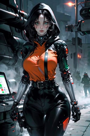 is a tall, imposing figure with long, flowing black hair and piercing green eyes. Her skin is a pale, almost ghostly white, and her body is covered in intricate cybernetic enhancements that glow with a faint blue light. She wears a tight-fitting black leather outfit with a hood, and carries a large, high-tech pistol on her belt. Zara is a skilled leader and strategist, able to outmaneuver her opponents with ease. She is also a skilled cybernetic hacker, able to infiltrate and control computer systems with ease. Despite her cold, calculating exterior, Zara has a deep sense of loyalty to her fellow guild members and will stop at nothing to protect, 

them.,fantasy00d,robotskin,ruanyi0070,robot,modelshoot style,FFIXBG,mecha musume