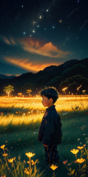 anime, landscape, night, a little boy in the middle of the grass surrounded by flying shine Firefly, night, dynamic angle, beautiful face, detailed eyes, depth of field, dramatic light, best quality, highres, best shadow, best illumination,1,Xxmix_Catecat,SAM YANG,ohara koson