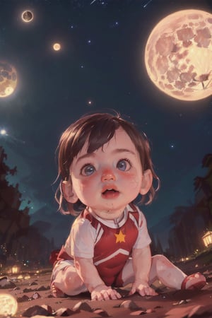red and white ultraman, little girl,3yo cute baby girl, portrait, baby fat face in good proportion, (((extremely detailed 8k unity wallpaper,  masterpiece,  best quality,  high resolution,  realistic skin,  realistic face,  clean and clear lines))), (perspective:1.3),  (dutch angle:1.2),  bright lights, starry,  galaxy,  full moon, 