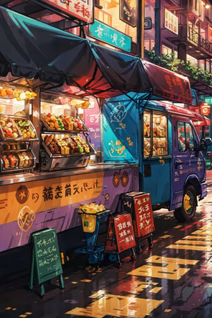 masterpiece, best quality, a city of colorful food trucks, randomly, glow, shine, transparent, upside-down world, colorful, morning, dynamic angle.,yofukashi background,Food Truck