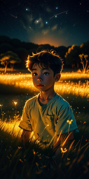 anime, landscape, night, a little boy in the middle of the grass surrounded by flying shine Firefly, night, dynamic angle, beautiful face, detailed eyes, depth of field, dramatic light, best quality, highres, best shadow, best illumination,1,Xxmix_Catecat,SAM YANG