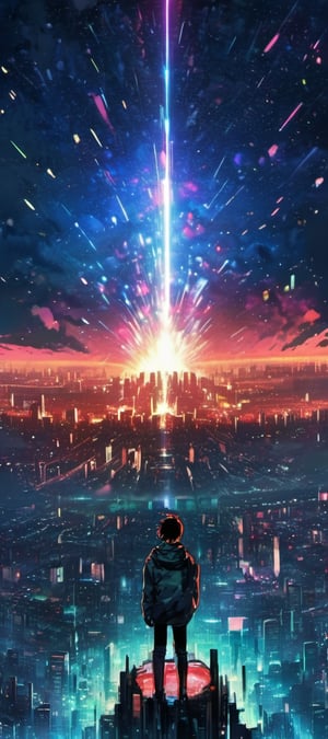 1boy, standing top of building, night city, neon light, buildings, beautiful view, raining, water drops,big bang, black hole, Explosion, lofi,EpicSky,ink scenery, cyborg style,aw0k,6000,beyond_the_black_rainbow