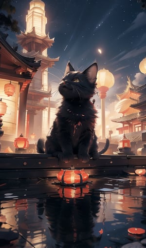 (8k, best quality, top level: 1.1), cinematic, night, Odaiba Lantern festival, Japanese Lantern festival, red Lantern, flying red Lantern, cinematic background, complex background, dynamic angle, contrast color ((La Sagrada Família)), glow, background, detailed elements below, little black cat setting, cat,