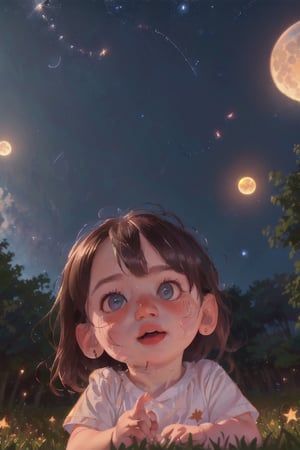 red and white, little girl,3yo cute baby girl, fireflies, portrait, baby fat face in good proportion, (((extremely detailed 8k unity wallpaper,  masterpiece,  best quality,  high resolution,  realistic skin,  realistic face,  clean and clear lines))), (perspective:1.3),  (dutch angle:1.2),  bright lights, starry,  galaxy,  full moon, dynamic angle