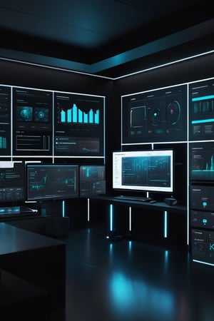 a room full of screens, Beuty data analyze, with figma design, dark theme futuristic design 