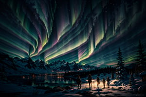 landscape, aurora, a dynamic action scene where a young and beautiful family sitting on the snow, surrounded by an ice crystal, ultra quality, high and detailed environment, dark clothes, hair, glow, dinamic angle, mystical atmosphere,
