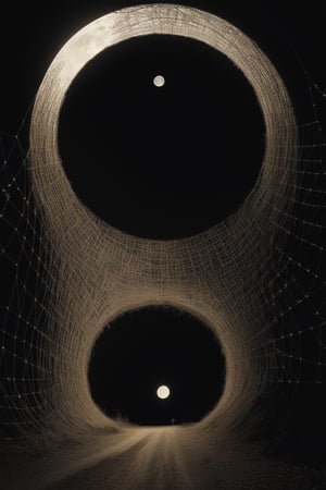 Gustave Dore style, minimalism, spiderweb, tunnel, (monochromatic, sepia), night, MOON,Renaissance Sci-Fi Fantasy,EpicSky