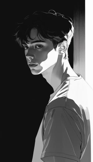 handsome young boy, Pixie Cut, oversize t shirt, leaning forward, art by Adrian Tomine Agnes Cecile, seductive, shadow, dramatic lighting, park, black and white, dark background
,dfdd