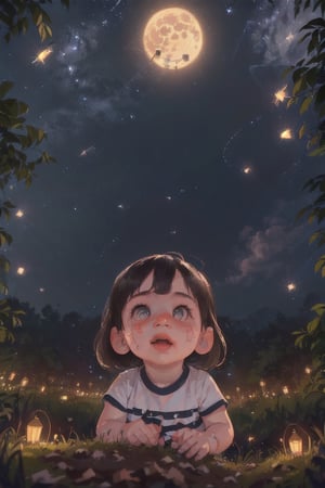 black and white, little girl,3yo cute baby girl, fireflies, portrait, baby fat face in good proportion, (((extremely detailed 8k unity wallpaper,  masterpiece,  best quality,  high resolution,  realistic skin,  realistic face,  clean and clear lines))), (perspective:1.3),  (dutch angle:1.2),  bright lights, starry,  galaxy,  full moon, dynamic angle