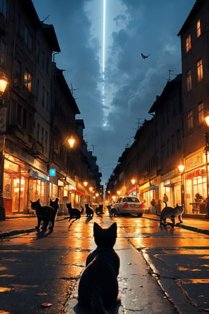 complex background, city of cats, cats, a city has a lot of cats, cats everywhere, cinematic light, cinematic view