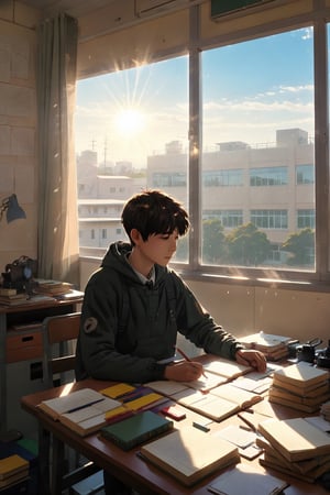 lofi style, a boy at school, in the class, studying, setting close to the window, sunshine, cinematic light, cinematic view, close up shoot ,EpicSky,kyoshitsu,aw0k straightstyle