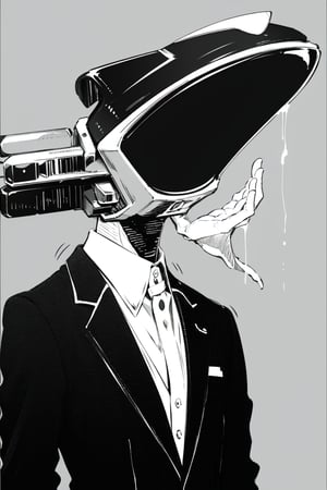 white ink, lines, swallowing, scribbles, simple_background, shirt, 1boy, jacket, monochrome, upper_body, male_focus, collared_shirt,  formal, suit, object heads, dark background, scribbles as head 