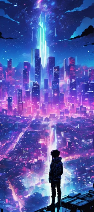 1boy, standing top of building, night city, neon light, buildings, beautiful view, raining, water drops, big bang, lofi,EpicSky,ink scenery, cyborg style,aw0k,6000,beyond_the_black_rainbow,with blacklight makeup