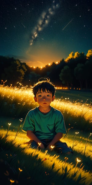 anime, landscape, night, a little boy in the middle of the grass surrounded by flying shine Firefly, night, dynamic angle, beautiful face, detailed eyes, depth of field, dramatic light, best quality, highres, best shadow, best illumination,1,Xxmix_Catecat,SAM YANG