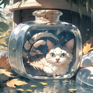 Autumn in a Bottle A bottle placed in deep water with a light, top of the wood, clear watercolor, cat, water.