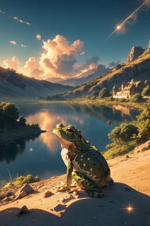 complex background, city of frog, frog, lake, dust, glitter, epic sky, hill, cinematic light, cinematic view