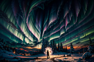 landscape, aurora, a dynamic action scene where a young and beautiful couple casts a powerful giant spell sitting on the snow, surrounded by a ice crystal, ultra quality, high and detailed environment, dark clothes, hair, glow, dinamic angle, mystical atmosphere, summoned beings,