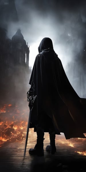 complex war background, A boy(his back to the viewer, pale, long brown hair, wearing a black cape on his head, black robes, black boots, dark horror movie, dynamic angle, setting.,hightech_robotics,DonMR3mn4nts 