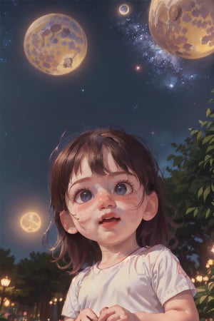 red and white, little girl,3yo cute baby girl, portrait, baby fat face in good proportion, (((extremely detailed 8k unity wallpaper,  masterpiece,  best quality,  high resolution,  realistic skin,  realistic face,  clean and clear lines))), (perspective:1.3),  (dutch angle:1.2),  bright lights, starry,  galaxy,  full moon, 