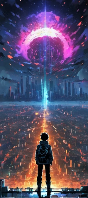 1boy, standing top of building, night city, neon light, buildings, beautiful view, raining, water drops,big bang, black hole, Explosion, lofi,EpicSky,ink scenery, cyborg style,aw0k,6000,beyond_the_black_rainbow