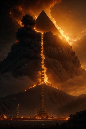 Photorealistic, hell, greek, Pyramid, ancient world, lava, menacing looks, standing next to each other, crowded , Mothra flying through the sky, ,r1ge,hyperrealism,wrench_elven_arch