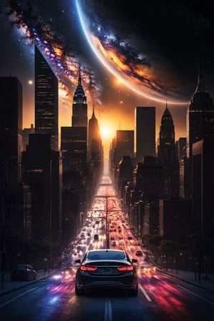 masterpiece,hyper Reality,ray-tracing, high-resolution, modern city, high buildings, car, a street road in the middle of the city, the sky is full of huge planet, night, galaxy, cinematic view, cinematic angle, cinematic light,