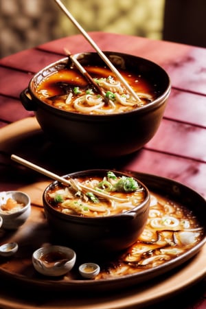 centered, a hot delicious ramen on a casserole dish platter, chopstick, in cozy  background, warm lighting, | depth of field, golden hour, dark background,| smooth detailed shadows, hyperealistic shadows, (saturated colors:1.2) | (game cg, unreal engine, pixar style), (3d model),