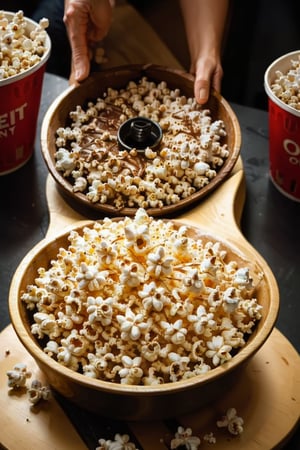 centered, photography, portrait, | popcorn, hand handling the tooby popcorn at the cinema.