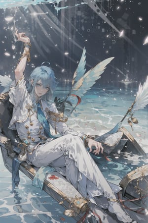 (masterpiece, top quality, best quality, official art, beautiful and aesthetic:1.2), fractal art:1.3),
1boy, merman, male_focus, manly, muscular, muscular_male, blue mermaid tail, blue hair, big aqua ear fin, blue long hair, blue eyes, solo, under water