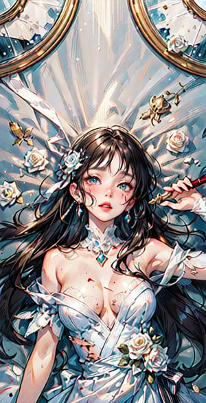 （delicate face, down shot,) thick acrylic illustration on pixiv, by Kawacy, by john singer sargent, masterpiece, (upper body, one girl, long golden hair, pale white skin, red lips, beautiful face, wearing diamond jewelry, lying on a huge broken mirror, lying in white roses, beside little glittering broken glass, there are red splatter marks on the white dress and hair, god light, celluloid), rich details, highest quality, ultra-detailed, extremely delicate, the latest pixiv illustrations, delicate decorations, dynamic poses, dynamic angles, gorgeous light and shadow