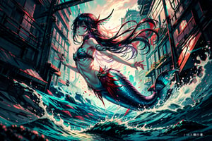  young female Chinese mermaid is depicted in anime style, with beautiful big aqua ear fin, fins on limbs, long red mermaid tail, purple eyes, red long hair, doing a silently symbol,perfecteyes