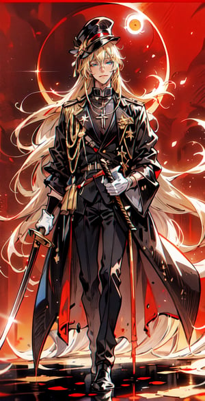 A tall handsome mature man is depicted in anime style, with beautiful face, blue eyes, holding a katana, wears black and gold military gothic clothes, wears military black and gold gothic military hat, long blonde hair, wear white gloves, full body shot, walking under a big eclipse, red background,perfecteyes