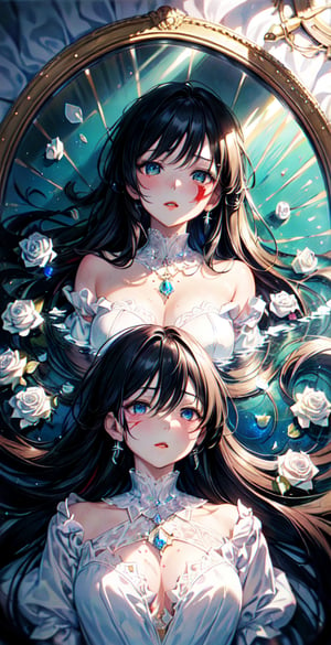 （delicate face, down shot,) thick acrylic illustration on pixiv, by Kawacy, by john singer sargent, masterpiece, (upper body, one girl, long golden hair, pale white skin, red lips, beautiful face, wearing diamond jewelry, lying on a huge broken mirror, lying in white roses, beside little glittering broken glass, there are red splatter marks on the white dress and hair, god light, celluloid), rich details, highest quality, ultra-detailed, extremely delicate, the latest pixiv illustrations, delicate decorations, dynamic poses, dynamic angles, gorgeous light and shadow