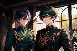 A tall and handsome mature man with dark short hair and purple eyes and wide shoulders wearing dark green military gothic uniform with SEME looks
