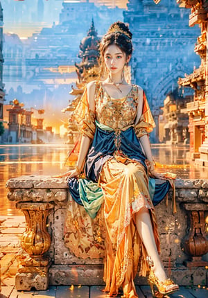 goddess as comely girl, (varasana), (lotus:1.1), (padmasana), 18s, (gigantic  breast:1.1), (masterpiece), (extremely intricate:1.3), (realistic), ((sitting in lotus meditation)), ((medieval armor:1)), metal reflections, full body, far the castle, intense sunlight, professional photograph of a dimpled stunning woman detailed, sharp focus, dramatic, award winning, cinematic lighting, volumetrics dtx, (film grain, blurry background, blurry foreground, bokeh, depth of field, sunset, motion blur:1.3), chainmail, exposure blend, medium shot, bokeh, (hdr:1.4), high contrast, (cinematic, navy and lemon:1.4), (muted colors, dim colors, soothing tones:1.3), low saturation, high heels, mecha musume,dunhuang_cloths,yuhuo