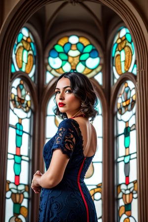professional photograph of photo (in full height:1.25) of a spanish woman with (light bright eyes:1.1) (Looking over the shoulder pose), (Art Nouveau luxury diamond collier:1.4), (red_color in the background:1.5)(red_ornate baroque window in the background:1.5), light_from_window, (lace dark green and navy blue and cyan evening gown :1.3), (spiky pixie black hair over shoulders), highly detailed, (parted lips:1.4), (beautiful round detailed face:1.2). bedroom daylight, sharp focus, depth of field  , RAW photo, full sharp, detailed face (high detailed skin:1.2), 8k uhd, dslr, soft lighting, high quality, film grain, Fujifilm XT3, perfect viewpoint, highly detailed, wide-angle lens, hyper realistic, with dramatic sky, polarizing filter, natural lighting, vivid colors, everything in sharp focus, HDR, UHD, 64K