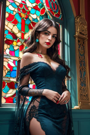 professional photograph of photo (in full height:1.25) of a spanish woman with (light bright eyes:1.1) (Looking over the shoulder pose), (Art Nouveau luxury diamond collier:1.4), (red_color in the background:1.75), (red_ornate baroque window in the background:1.5), light_from_window, (lace dark green and navy blue and cyan evening gown :1.3), (spiky pixie black hair over shoulders), highly detailed, (parted lips:1.4), (beautiful round detailed face:1.2). bedroom daylight, sharp focus, depth of field  , RAW photo, full sharp, detailed face (high detailed skin:1.2), 8k uhd, dslr, soft lighting, high quality, film grain, Fujifilm XT3, perfect viewpoint, highly detailed, wide-angle lens, hyper realistic, with dramatic sky, polarizing filter, natural lighting, vivid colors, everything in sharp focus, HDR, UHD, 64K