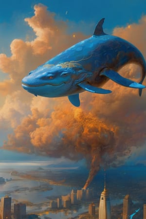 A ghost whale flying in an blue sky, surreal and dystopian, ((futuristic city in the background)) by zdzislaw beksinski, Thunderstorm, Renaissance,  Eyes,Gas masks,Snake, Cryptic, (Sepia:1.1), (Space:1.1),  (Pointillism:1.1), (Infrared:1.2), Cotton, Polygon, ultra detailed, intricate, oil on canvas, dry brush, (surrealism:1.1), (disturbing:1.1), horror, scary, chinese,LinkGirl,huayu